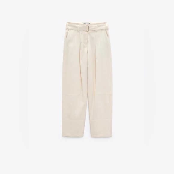 Zara Women Oyster White Bloggers Fav High-Rise Belted Cotton Loose Pants Sz L - Picture 4 of 15